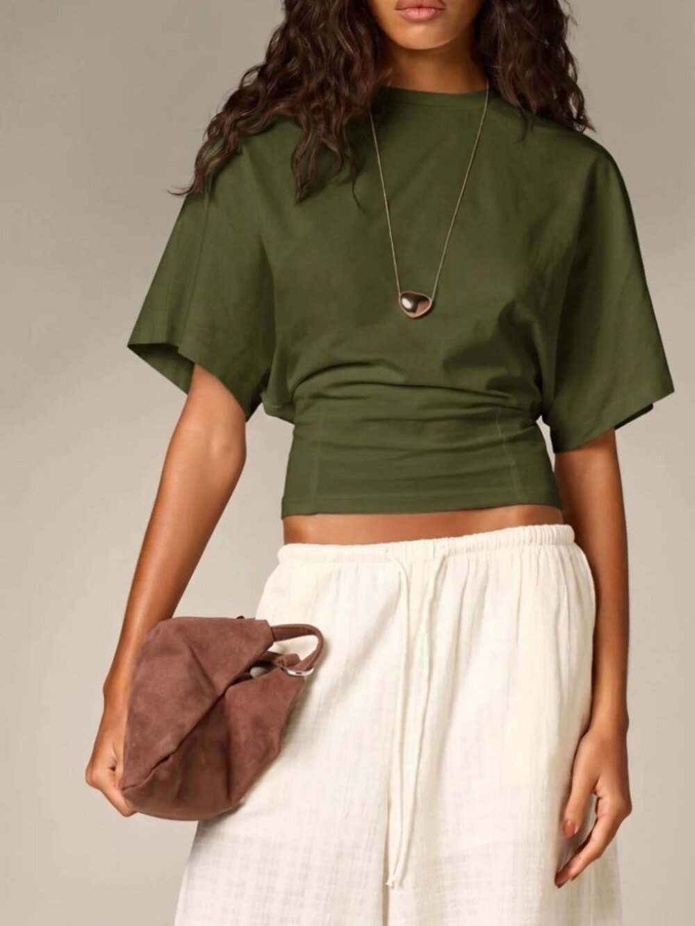 Olive Green Cropped Boxy Tee with Wide Sleeves
